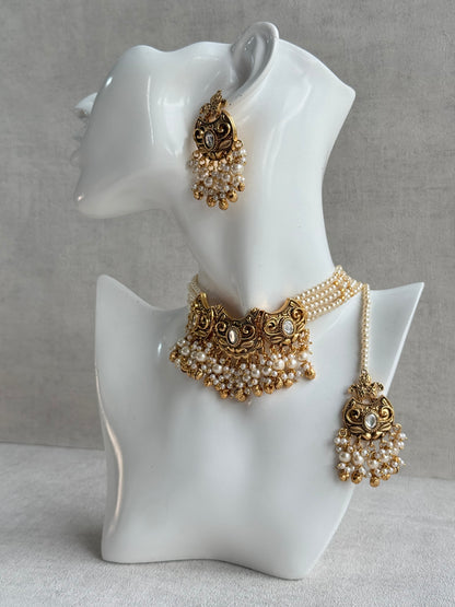 Ayura Designs Sneha Choker Set with Earrings & Tikka – Ivory Beads, Layered Pearl Detailing, Ghungroos & Antique Gold Finish