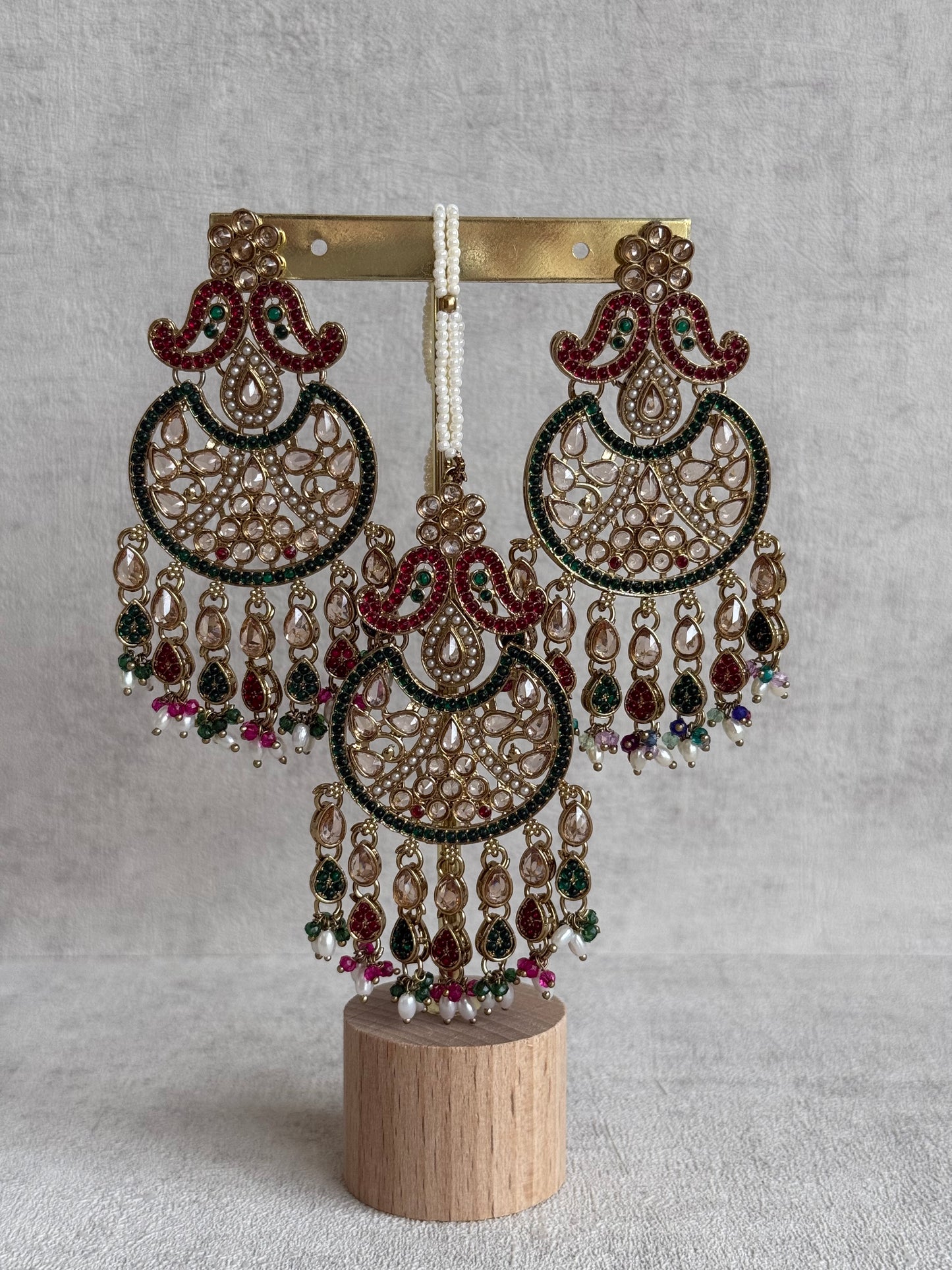 Ayura Designs Anvi Tikka Set with Earrings – Ruby Red & Emerald Green with Champagne Stones