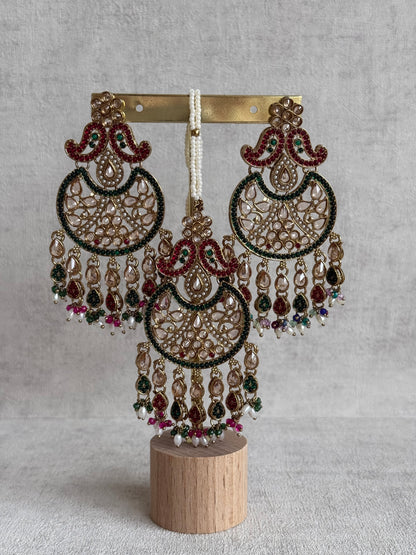 Ayura Designs Anvi Tikka Set with Earrings – Ruby Red & Emerald Green with Champagne Stones