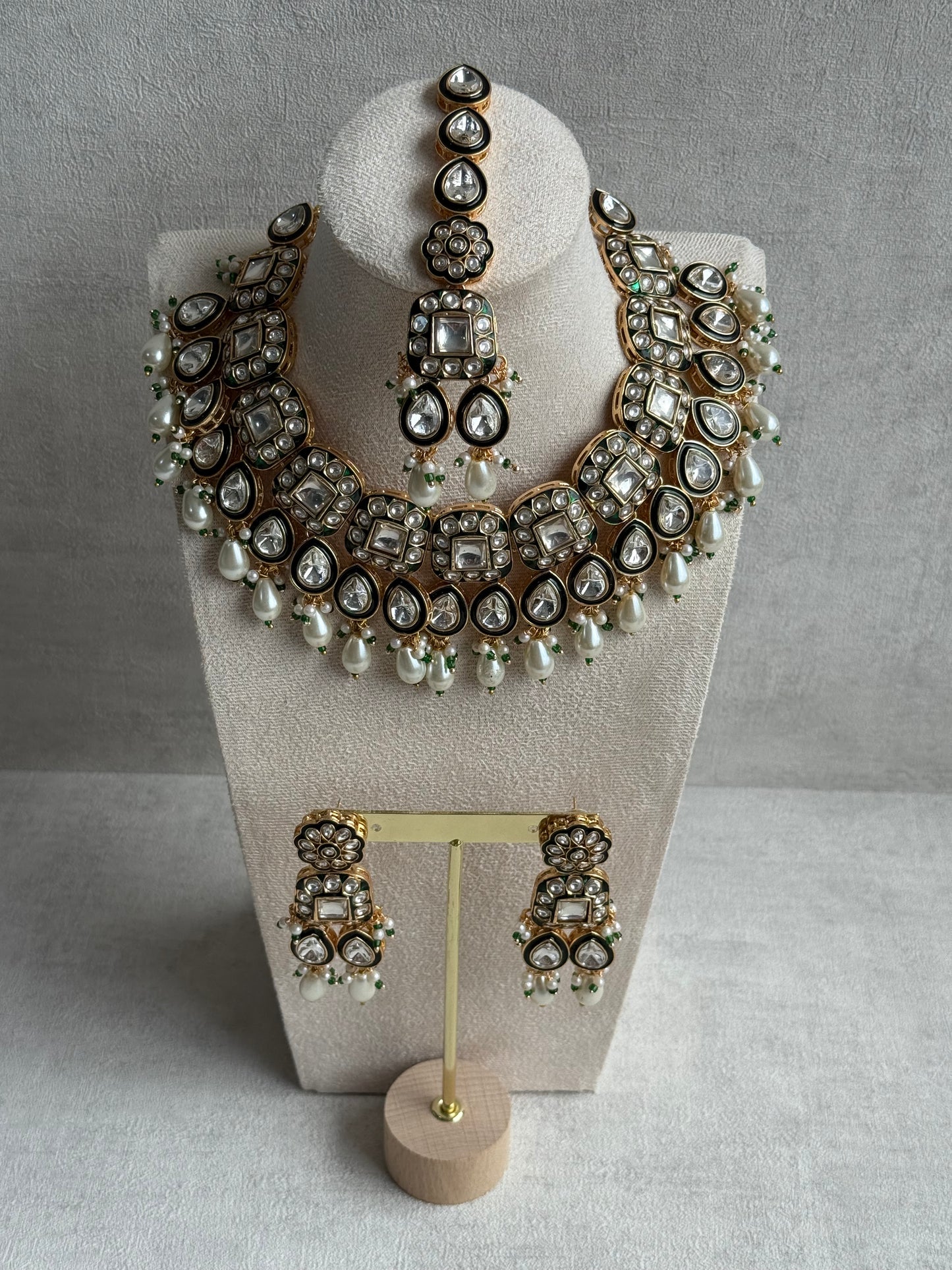 Ayura Designs Salma Set – Necklace, Earrings & Tikka with Mirror-Cut Kundan, Ivory Pearls, Emerald Green Meenakari & Gold Finish