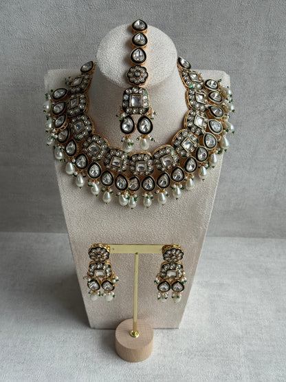 Ayura Designs Salma Set – Necklace, Earrings & Tikka with Mirror-Cut Kundan, Ivory Pearls, Emerald Green Meenakari & Gold Finish
