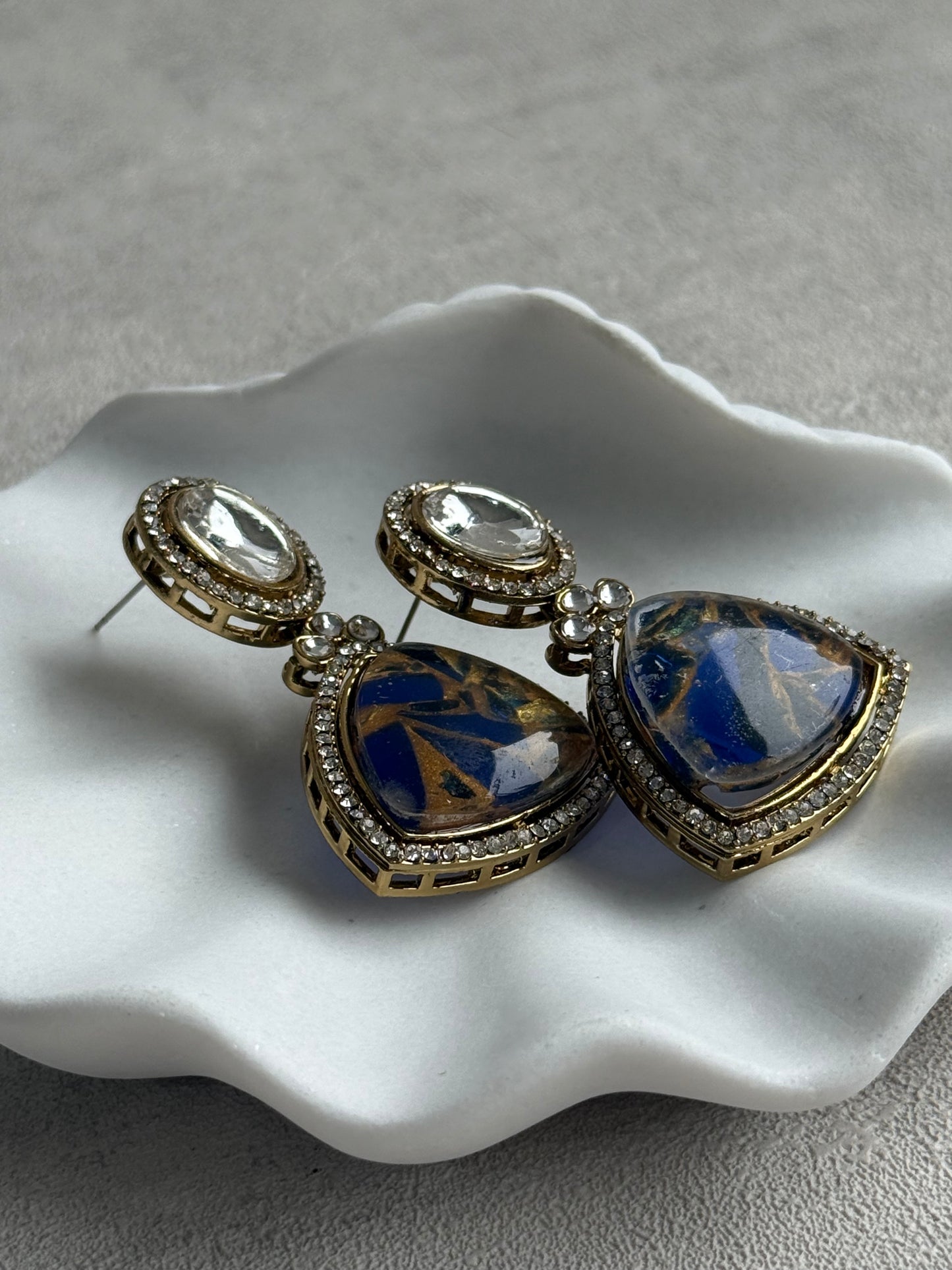 Ayura Designs Florence Earrings – mirror cut studs with Deep Ink Blue Marble Resin & Crystal Borders