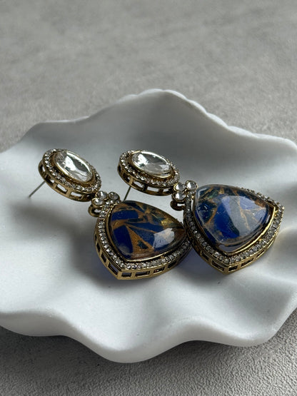 Ayura Designs Florence Earrings – mirror cut studs with Deep Ink Blue Marble Resin & Crystal Borders