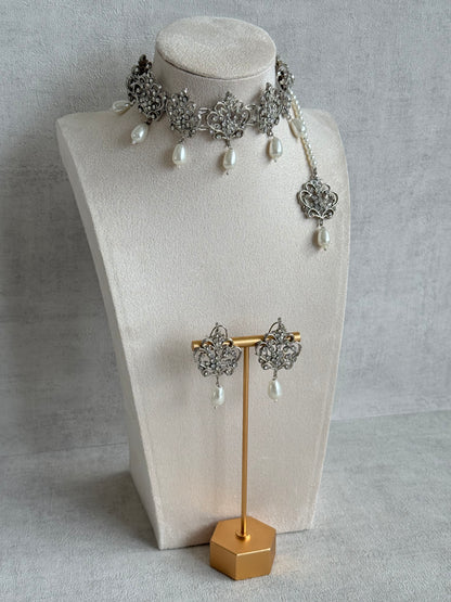 Ayura Designs Alina Choker Set with Earrings & Tikka – Silver Crystal Floral Choker with Pearl Drops