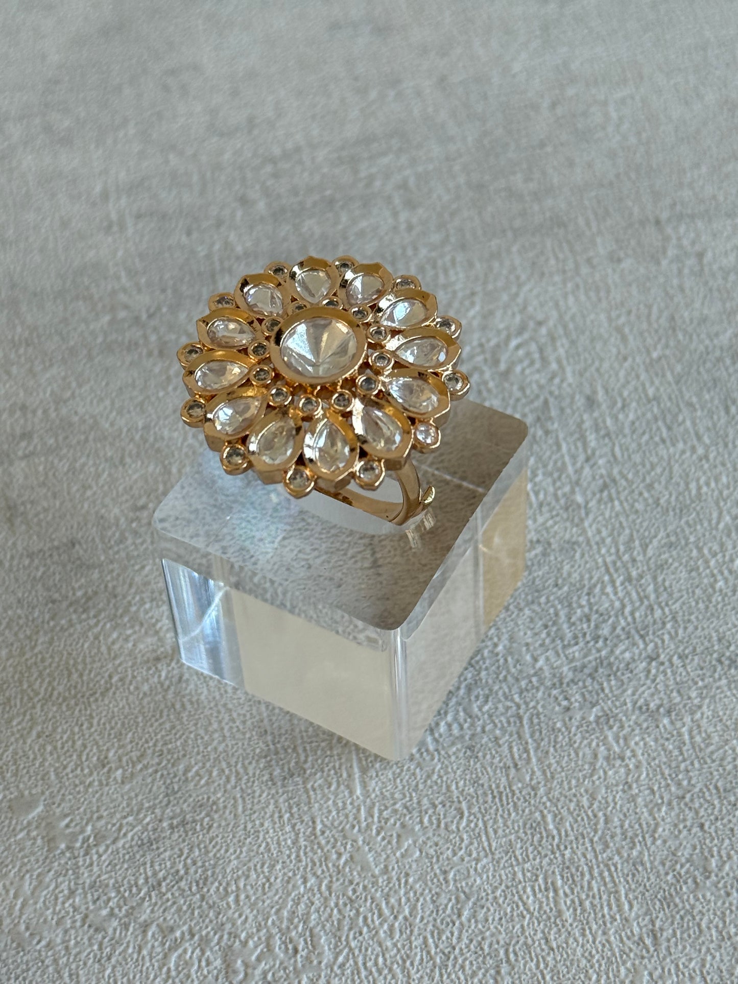 Ayura Designs Luisa Adjustable Ring – Crystal Centre Stone with Crystal Petal Detailing