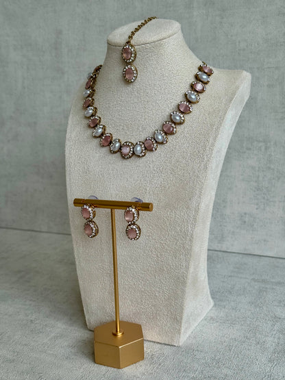 Ayura Designs Eira Set – Necklace, Earrings & Tikka with Blush Pink & Ivory Oval Stones in Antique Gold