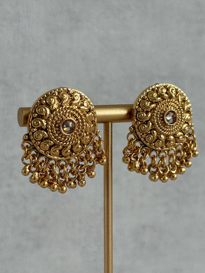 Ayura Designs Deesha Stud Earrings – Gold Finish with Crystal & Ghungroo Detailing