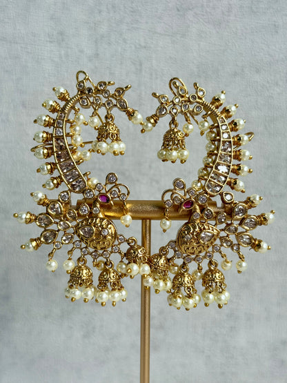 Ayura Designs Megha Half Ear Cuff Earrings – Gold Peacock Motif with Kundan Crystals, Pink Stone Accents & Pearl Jhumka Drops