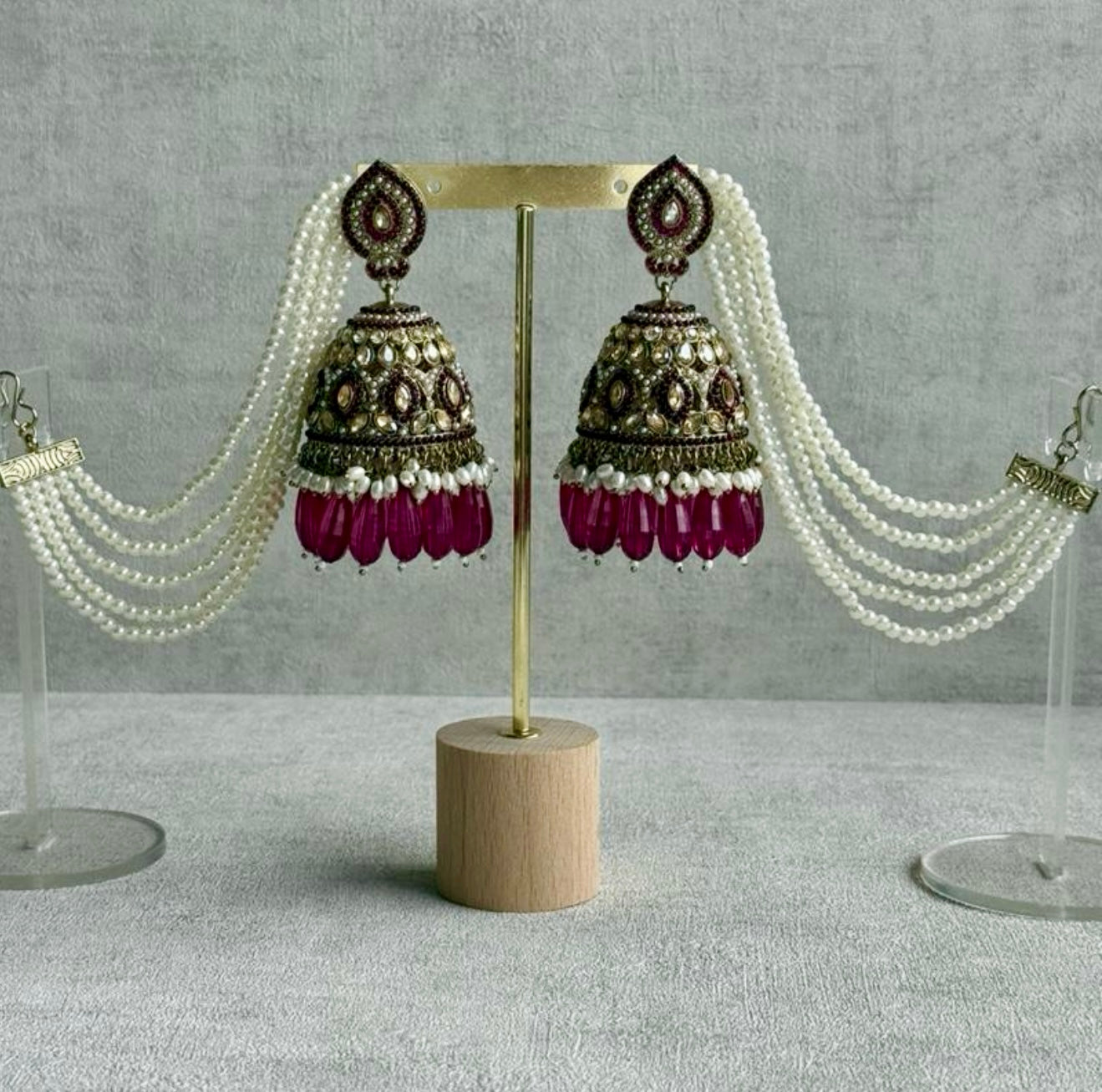 Ayura Designs Amrita Set – Jhumkis with Sahare & Tikka in Magenta, Pearls and Antique Gold Finish