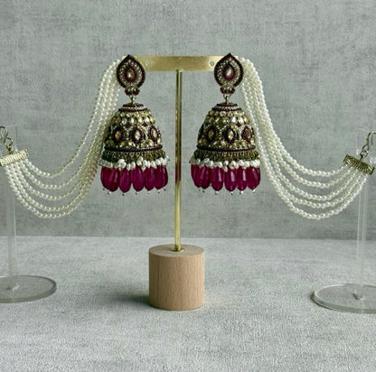 Ayura Designs Amrita Set – Jhumkis with Sahare & Tikka in Magenta, Pearls and Antique Gold Finish