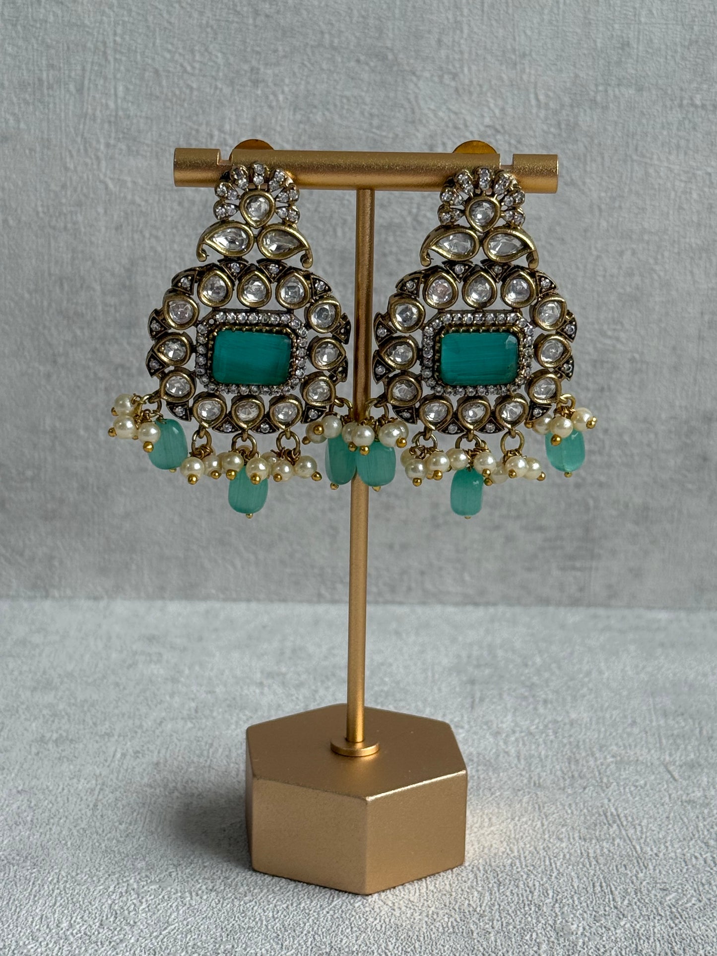 Ayura Designs Eva Choker Set with Earrings – Mirror-Cut Kundan, Pearl Strands & Mint-Green Stones in Antique Gold Finish