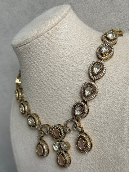 Ayura Designs Bianca Necklace Set with Earrings – Kundan, Blush Pink Stones, Crystals & Gold Finish