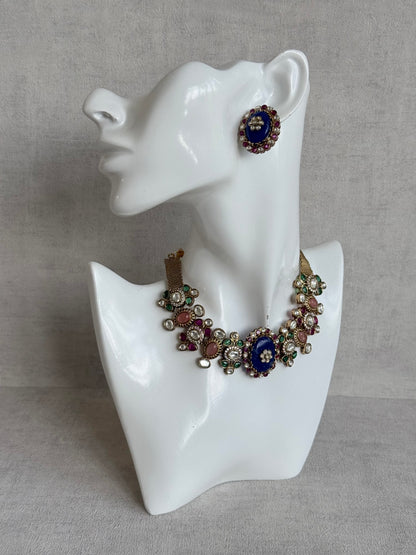 Ayura Designs Nova Necklace Set with Stud Earrings – Sapphire Blue Centre Stone, Kundan Detailing & Multicolour Gemstone Accents