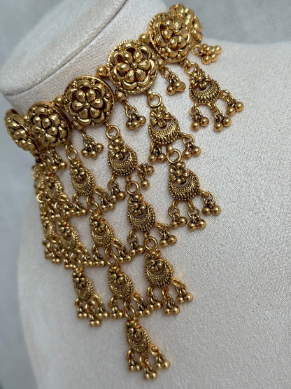 Ayura Designs Kimaya Choker Set with Earrings & Tikka – Gold Floral Waterfall Choker with Ghungroo Drops