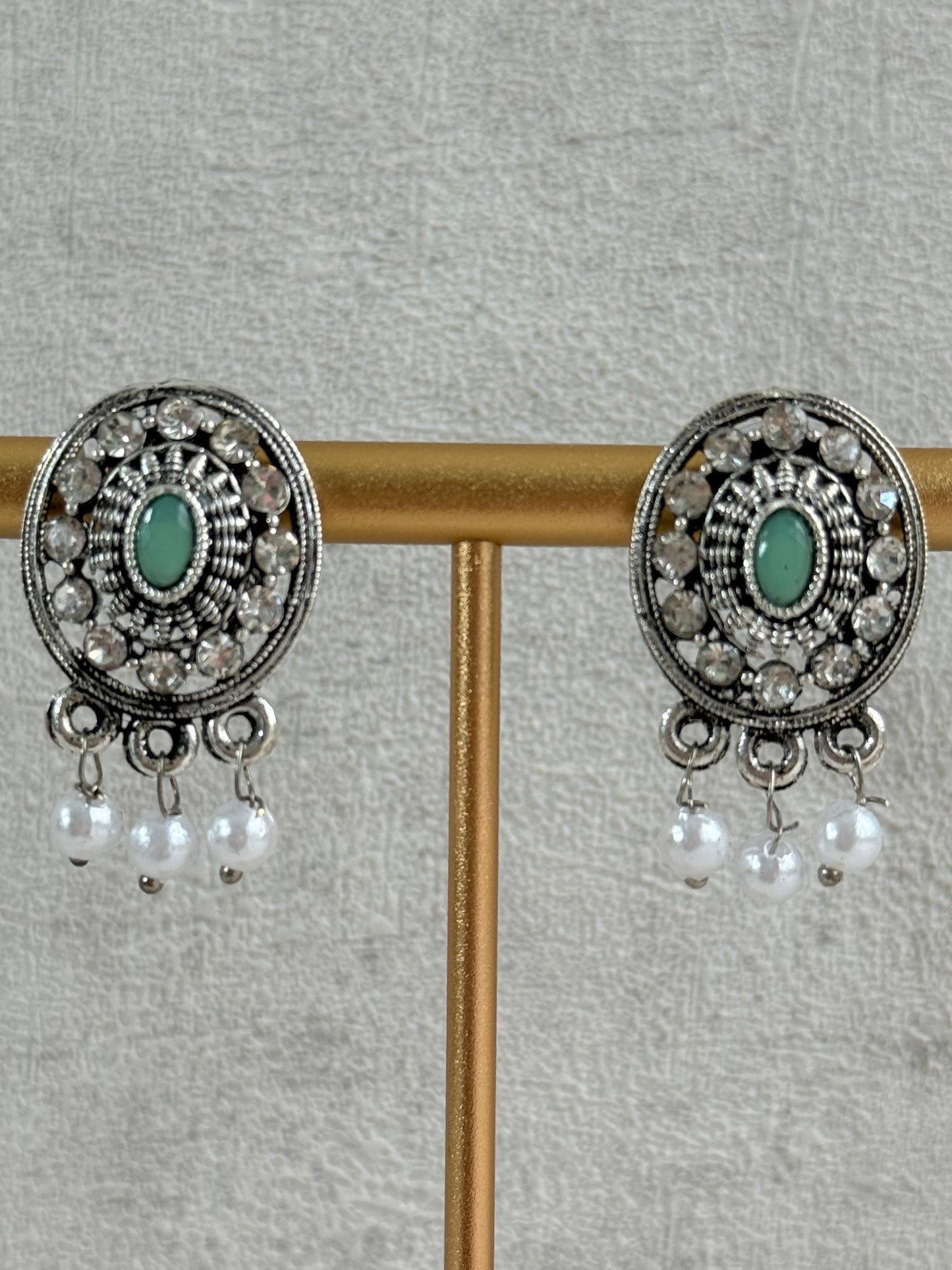 Ayura Designs Gauri Choker Necklace Set with Earrings & Tikka – Mint Green, Turquoise Blue & Crystal Stones with Oxidised Silver Finish