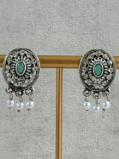 Ayura Designs Gauri Choker Necklace Set with Earrings & Tikka – Mint Green, Turquoise Blue & Crystal Stones with Oxidised Silver Finish
