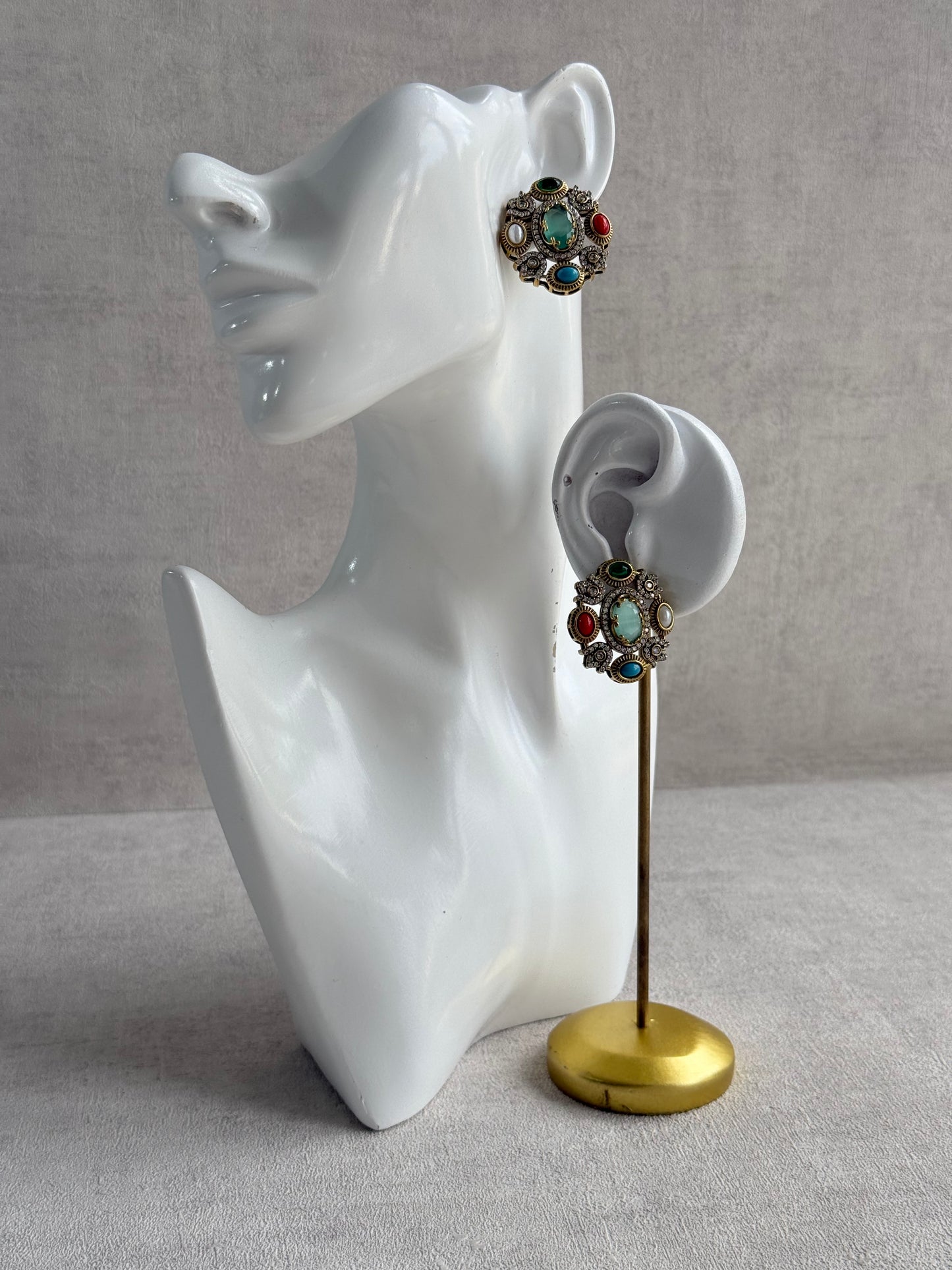 Ayura Designs Celia Stud Earrings – Sea Green & Multicolour Stones with Gold Finish