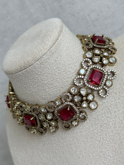 Ayura Designs Celine Necklace Set with Earrings – Moissanite Ruby Rose Statement Set