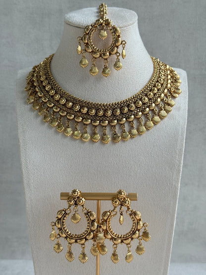 Ayura Designs Falaq Necklace Set with Earrings & Tikka – Gold Finish with Layered Chain, Floral & Shell Drop Detailing