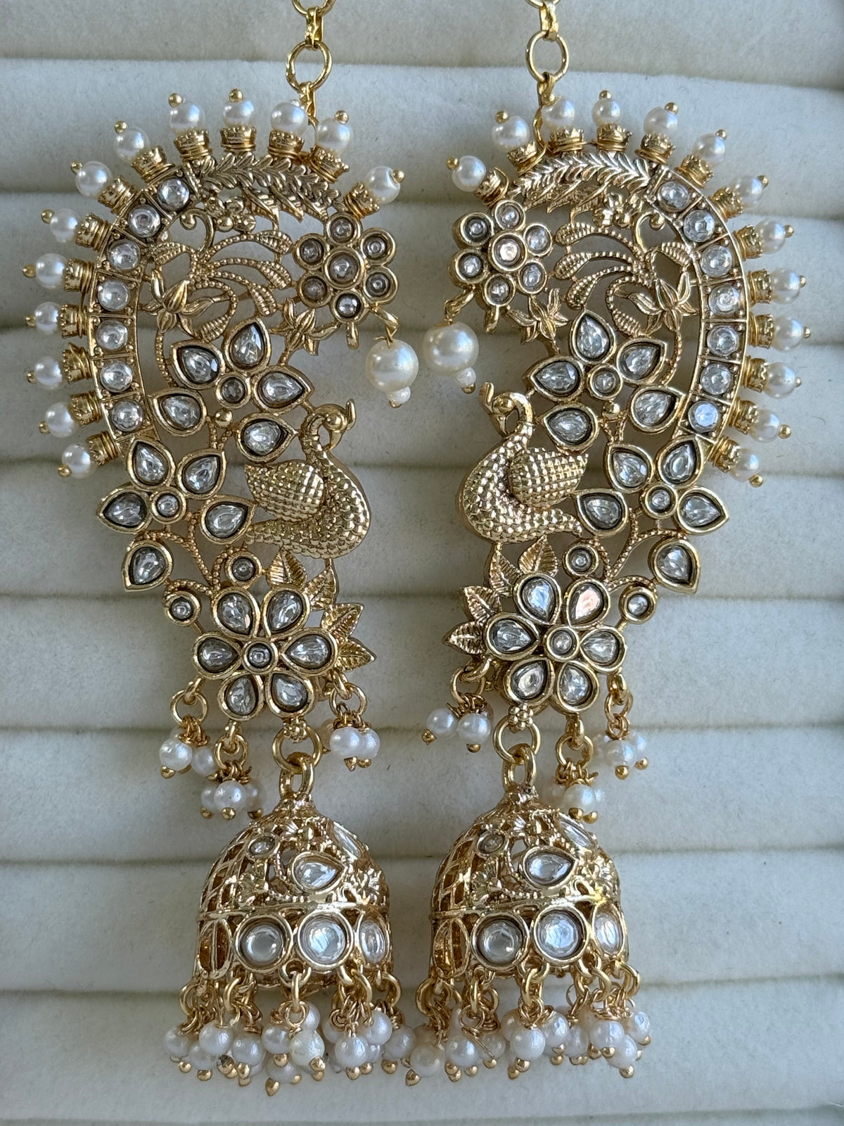 Ayura Designs Nitya Kaanphool Jhumkis – Gold Half Ear Cuff Earrings, Peacock Motifs, Kundan, Ivory Pearl Drops & Sahare