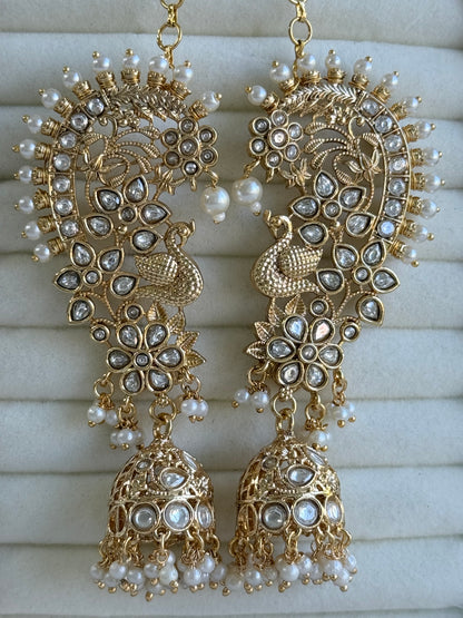 Ayura Designs Nitya Kaanphool Jhumkis – Gold Half Ear Cuff Earrings, Peacock Motifs, Kundan, Ivory Pearl Drops & Sahare