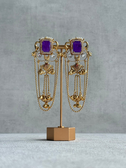 Ayura Designs Jaid Earrings – Royal Purple Floral Motif with Layered Chains & Ghungroos