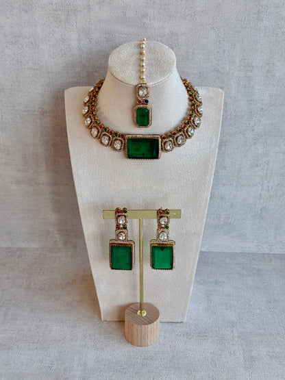 Ayura Designs Clara Set with Earrings & Tikka Emerald Green Moissanite Stones and Antique Gold Finish