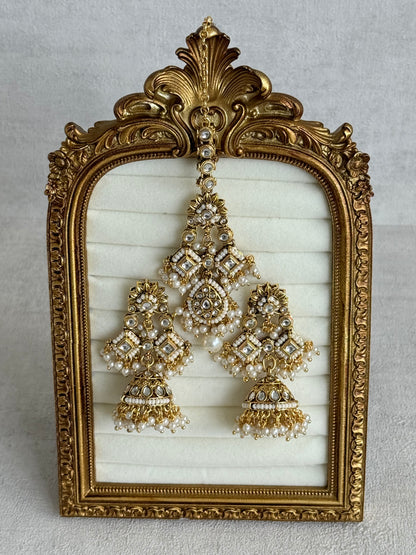 Ayura Designs Ania Tikka Set with Jhumkis – Pearl, Kundan & Gold Detailing