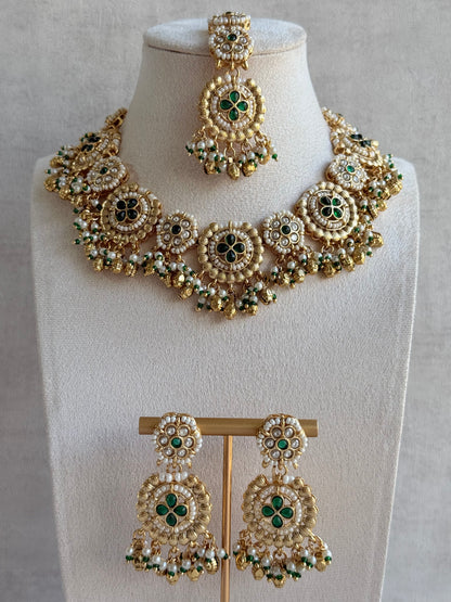Ayura Designs Manika Necklace Set with Earrings & Tikka – Gold Finish with Emerald Green Stones, Pearls & Ghungroos