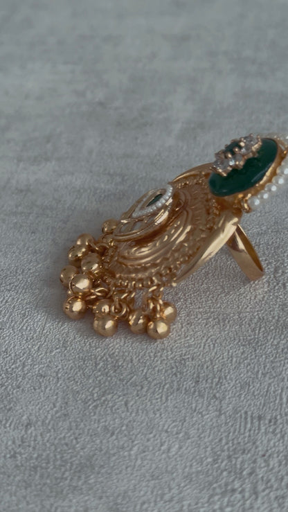 Ayura Designs Sorcha Adjustable Ring – Emerald Green Enamel, Pearl Detailing, Antique Gold & Mirror-Cut Stones