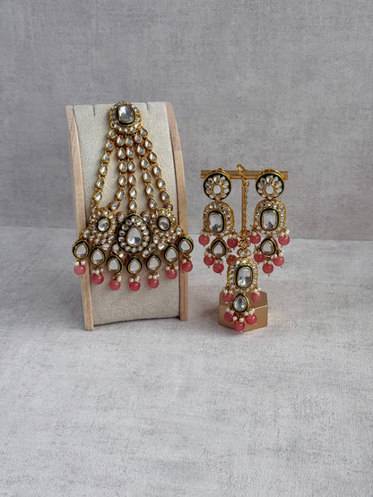 Ayura Designs Jashan Set with Necklace, Earrings, Tikka & Passa – Kundan Detailing, Pearl Drops & Blush Peach Beads