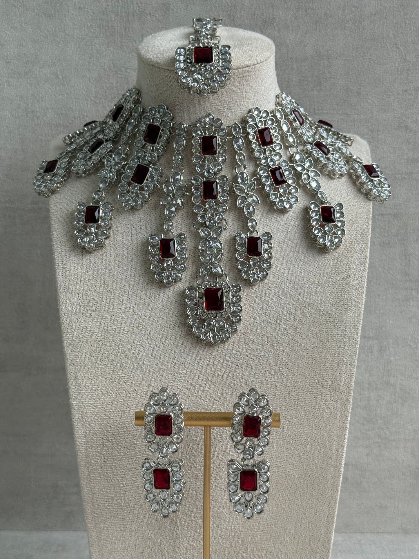 Ayura Designs Zinnia Set – Necklace, Earrings & Tikka with Ruby Red Stones and Mirror-Cut Polki in Silver Finish