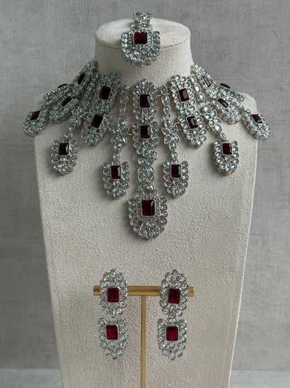 Ayura Designs Zinnia Set – Necklace, Earrings & Tikka with Ruby Red Stones and Mirror-Cut Polki in Silver Finish