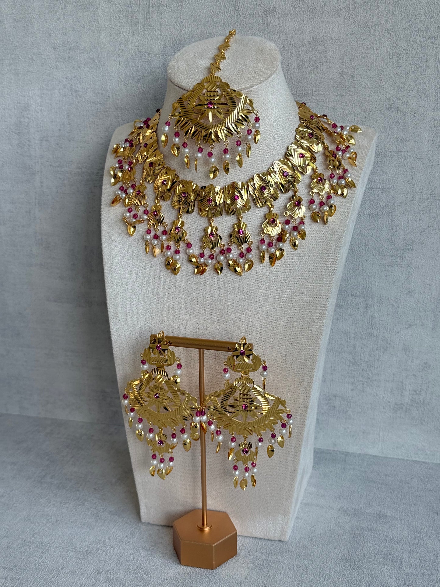 Ayura Designs Baisakhi Set with Earrings & Tikka – Gold Pipal Patti Design with Ruby Pink Beads & Pearl Detailing