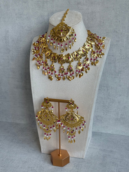 Ayura Designs Baisakhi Set with Earrings & Tikka – Gold Pipal Patti Design with Ruby Pink Beads & Pearl Detailing
