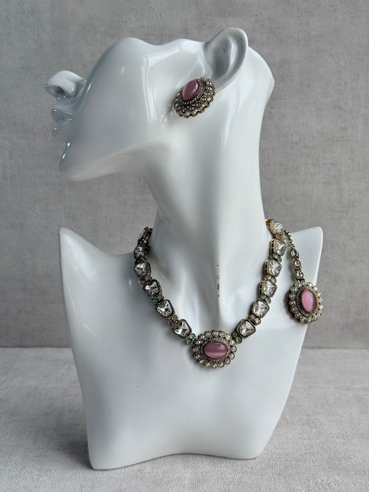 Ayura Designs Inza Necklace Set – Blush Pink & Mint Green Stones, Kundan & Crystals with Antique Gold Finish