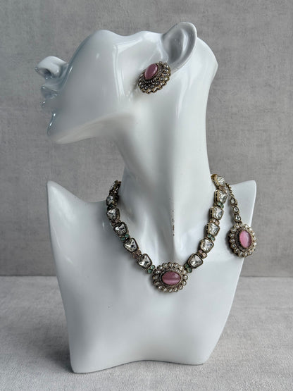Ayura Designs Inza Necklace Set – Blush Pink & Mint Green Stones, Kundan & Crystals with Antique Gold Finish