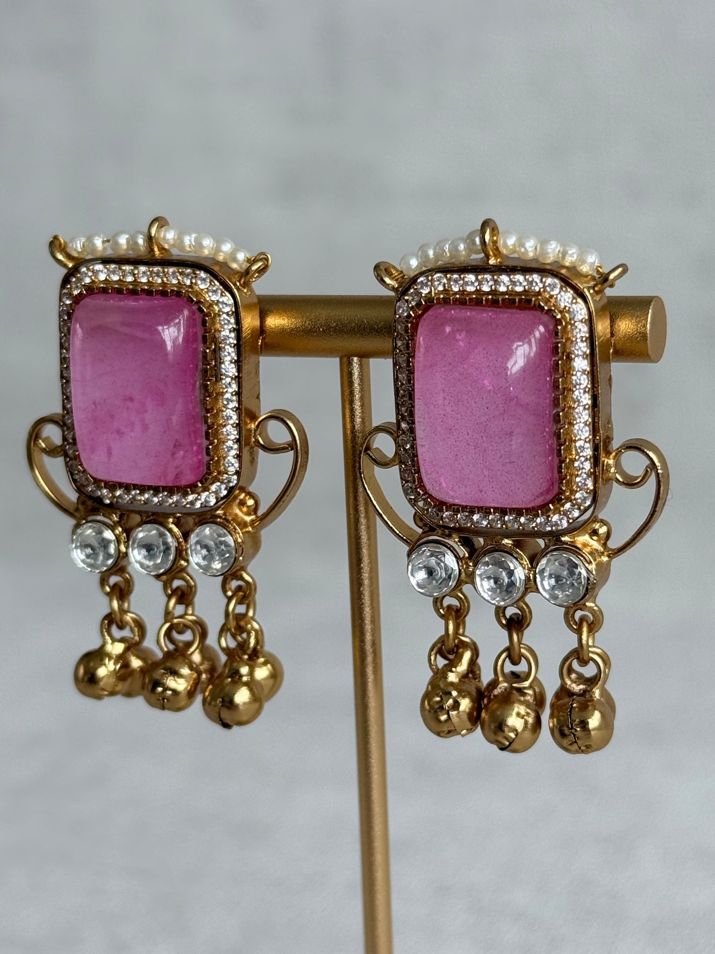 Ayura Designs Aleena Earrings – Rose Pink Stone Stud Earrings with Pearls & Ghungroo Detailing