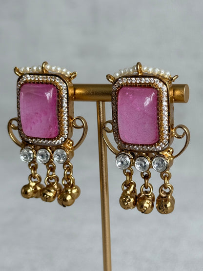 Ayura Designs Aleena Earrings – Rose Pink Stone Stud Earrings with Pearls & Ghungroo Detailing