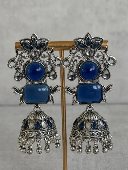 Ayura Designs Noorani Earrings – Oxidised Silver with Lajwardi Blue Stones, Kundan Detailing & Enamelled Jhumkis