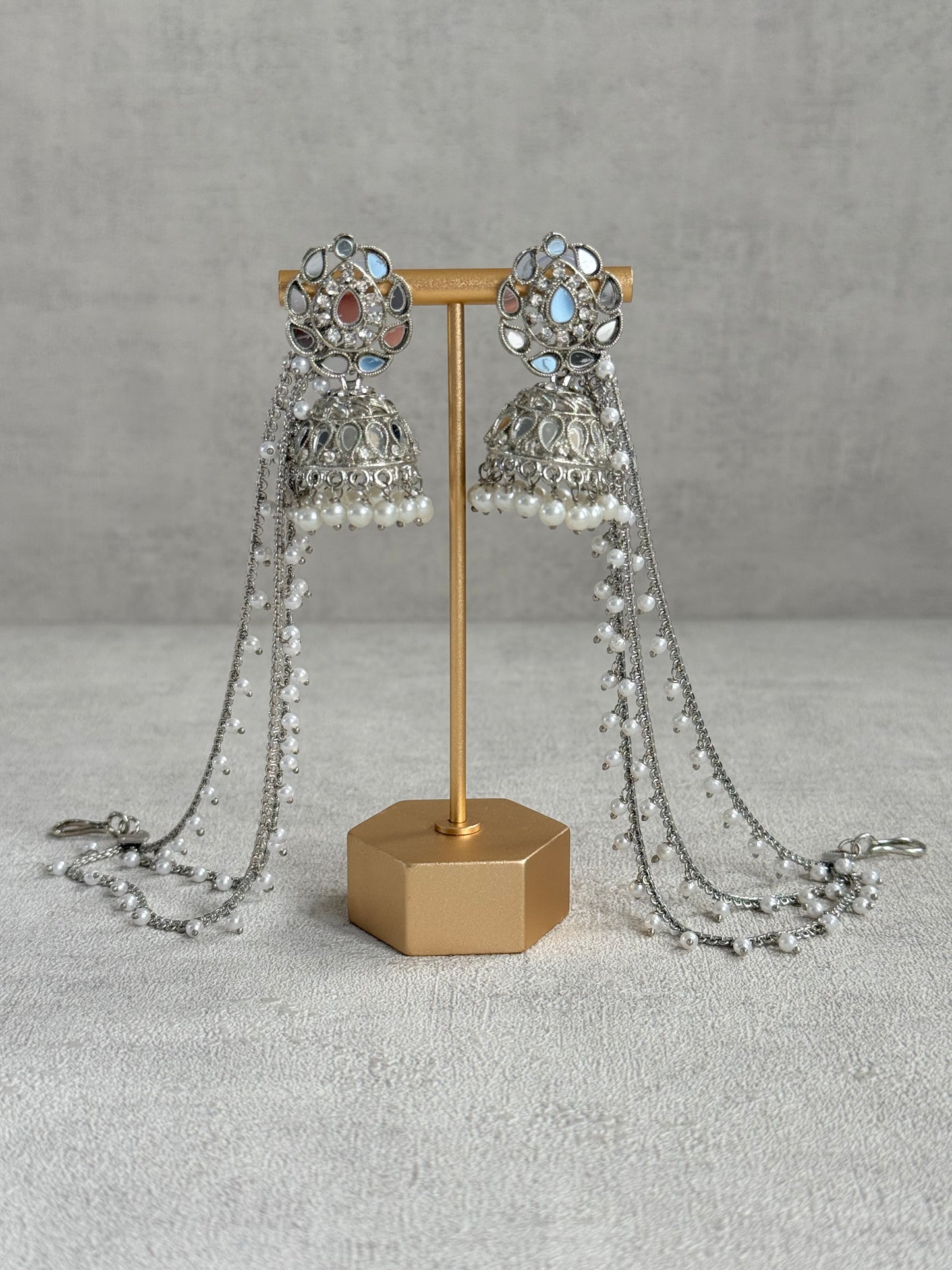 Ayura Designs Aiyana Jhumkis – Silver Mirror-Cut Earrings with Detachable Triple-Layer Pearl Sahare