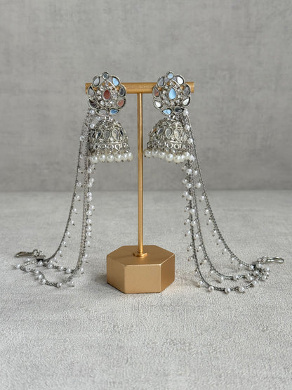 Ayura Designs Aiyana Jhumkis – Silver Mirror-Cut Earrings with Detachable Triple-Layer Pearl Sahare