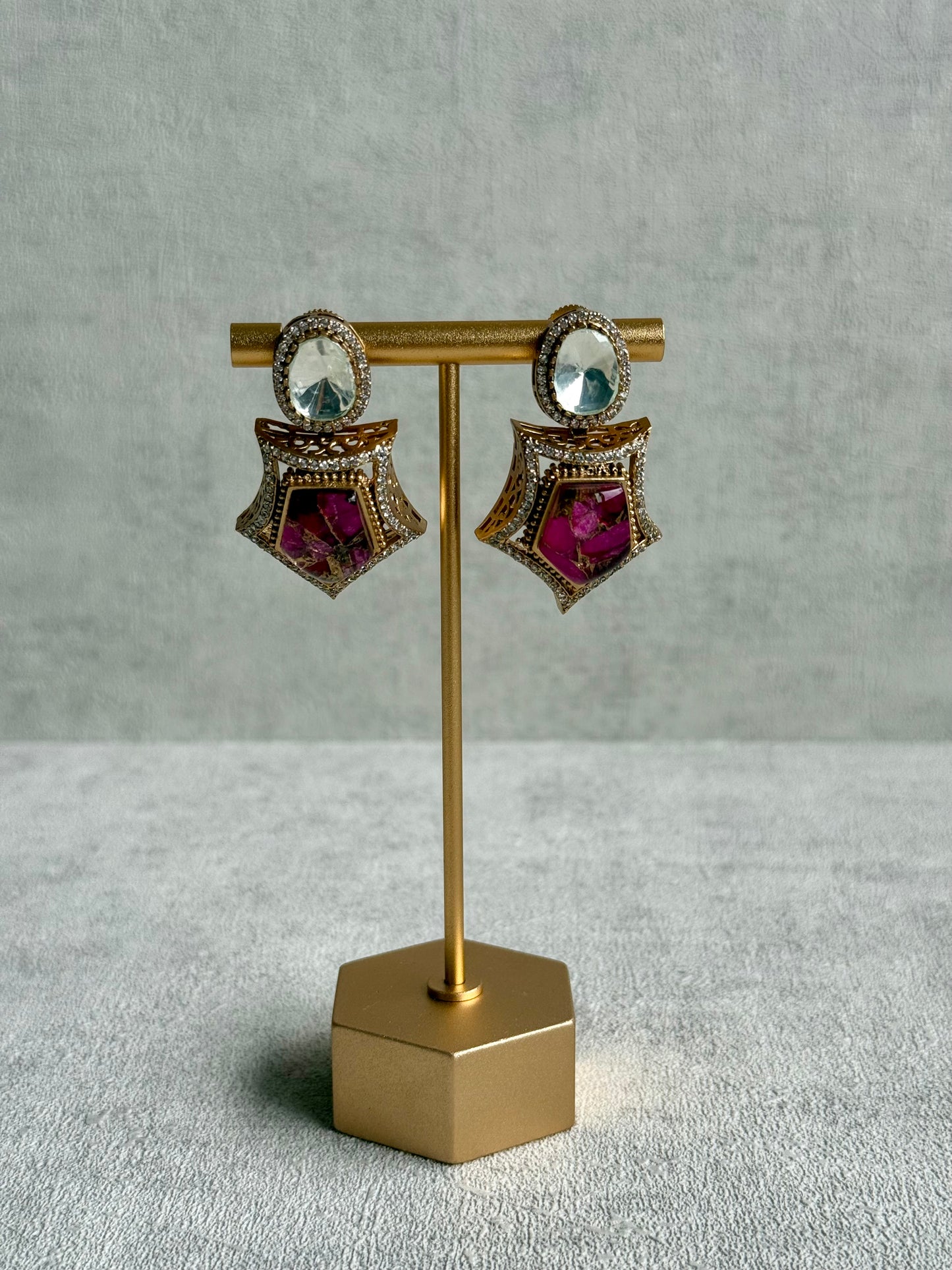 Ayura Designs Krupa Set – Necklace & Earrings with Magenta Stone featuring Natural Marbling, Mirror-Cut Kundan & Antique Gold Detailing