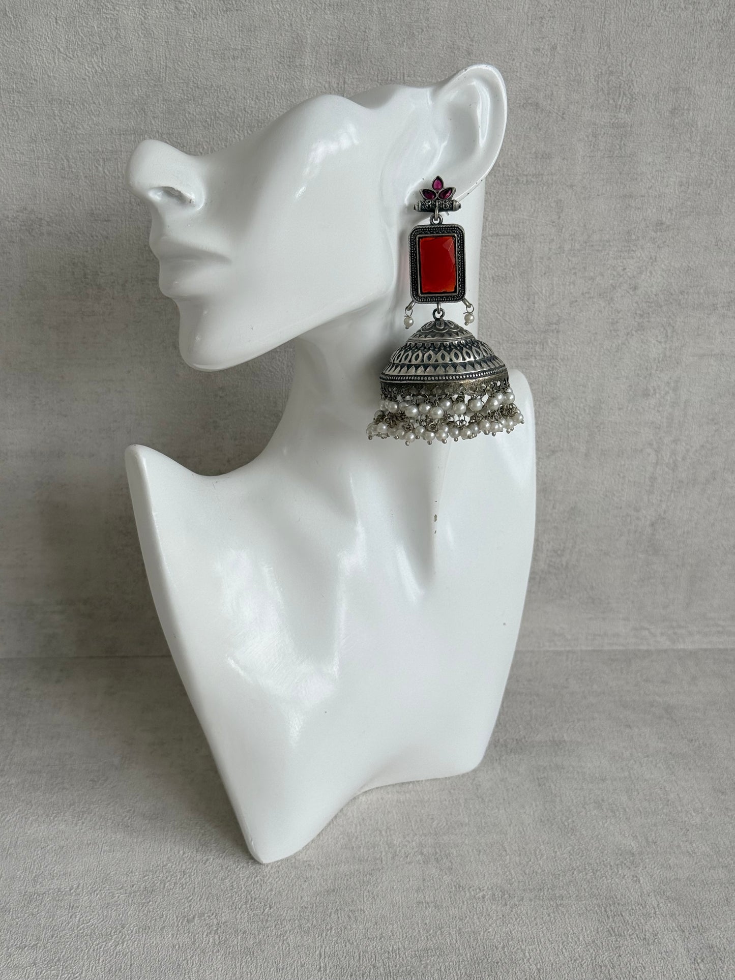 Ayura Designs Zeba Earrings – Oxidised Statement Jhumkis in Ruby Red & Pink Stones with Pearl Detailing