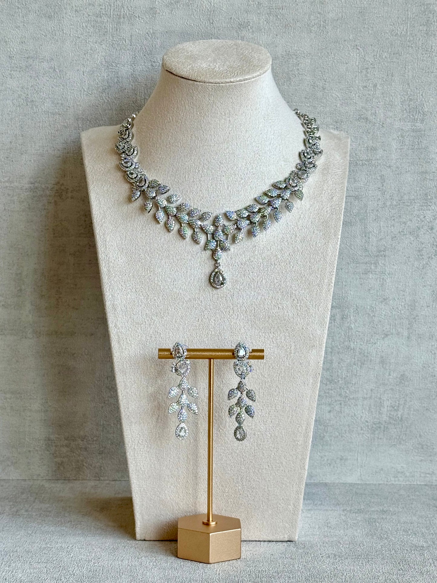 Ayura Designs Vivienne Set with Necklace & Earrings – Silver Finish with Teardrop Crystals and Clustered Leaf Detailing