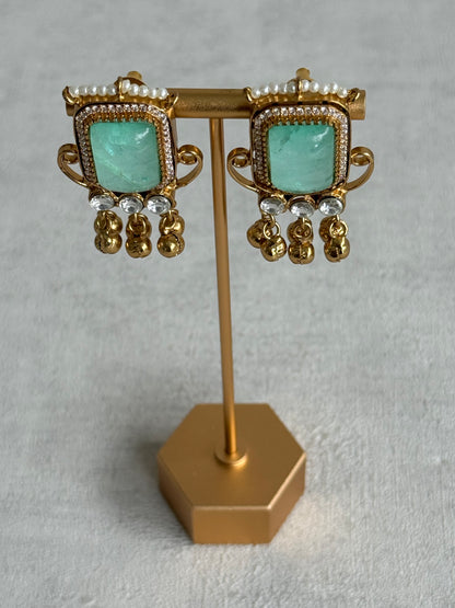 Ayura Designs Aleena Earrings – Aqua Jade Stone Stud Earrings with Pearls & Ghungroo Detailing
