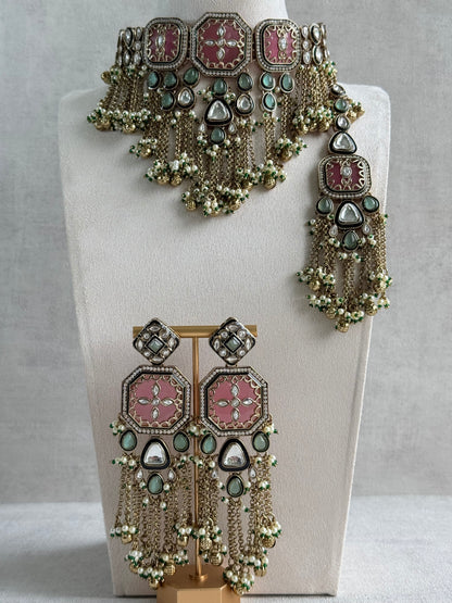 Ayura Designs Ashna Choker Set with Tikka and Earrings – Rose Pink, Mint Green & Kundan with Chains & Ghungroos in Antique Gold Finish