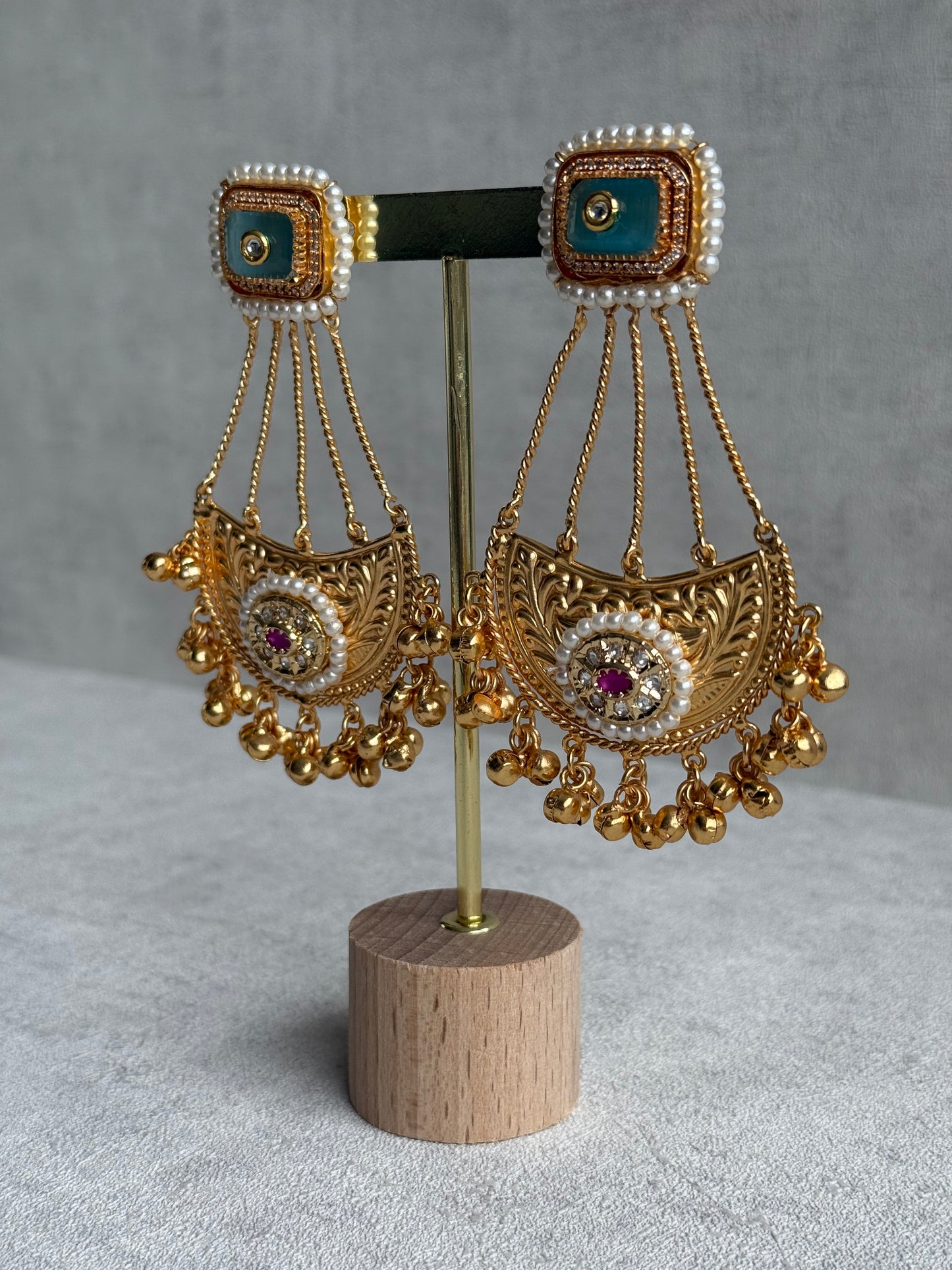 Ayura Designs Jheel Earrings – Turquoise Half-Moon Drops with Pearl Edging & Golden Ghungroos
