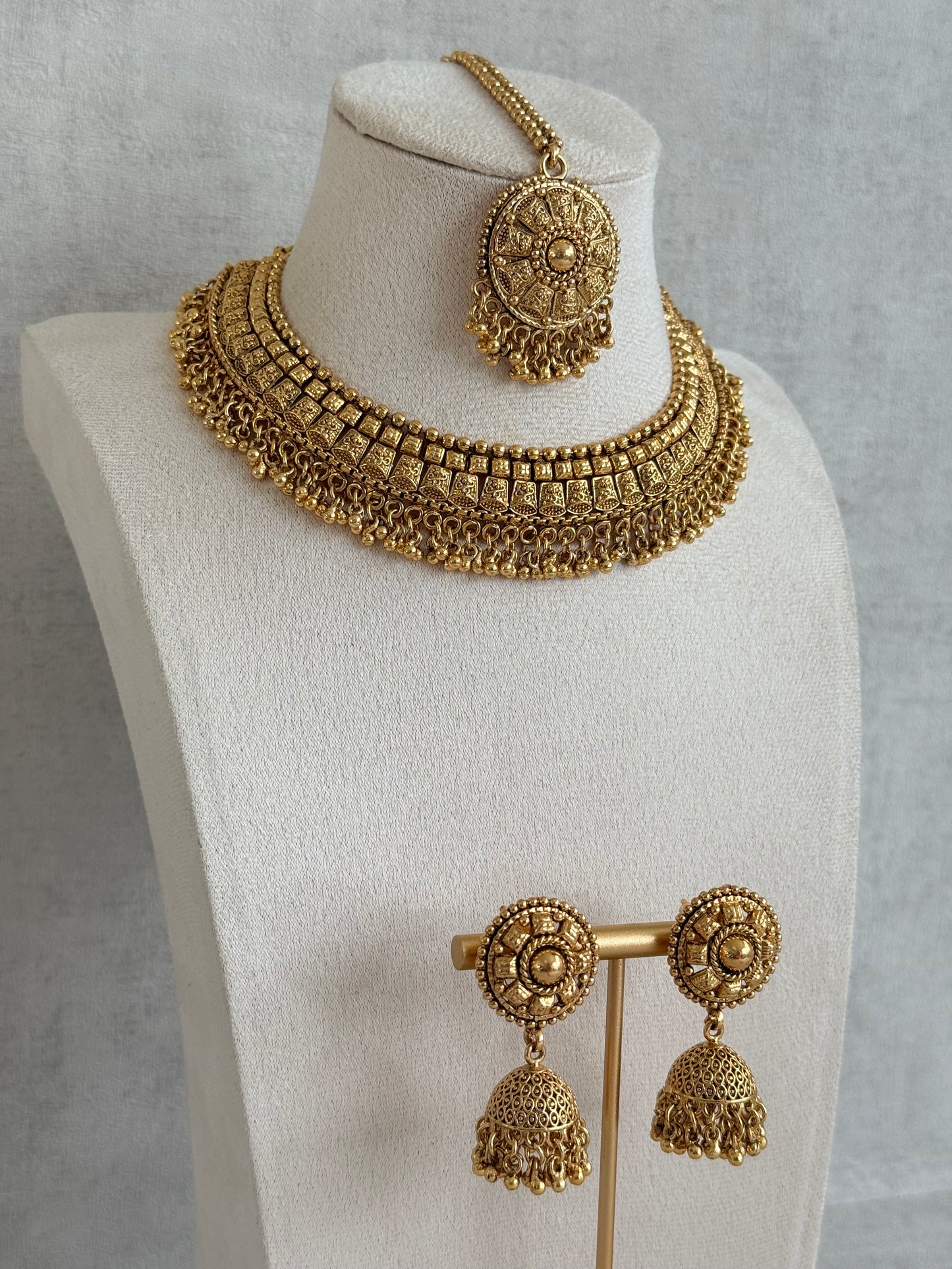 Ayura Designs Iksirat Necklace Set with Jhumkis & Tikka – Gold Heritage Design with Ghungroo Detailing