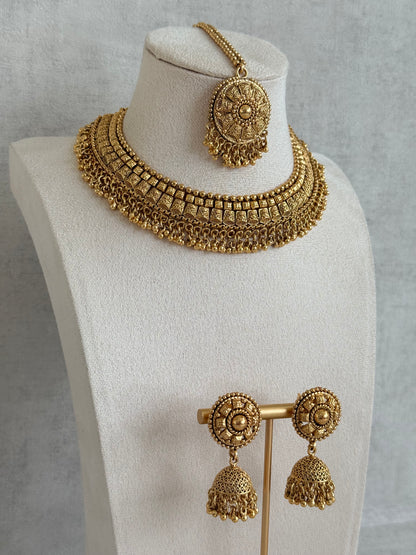 Ayura Designs Iksirat Necklace Set with Jhumkis & Tikka – Gold Heritage Design with Ghungroo Detailing